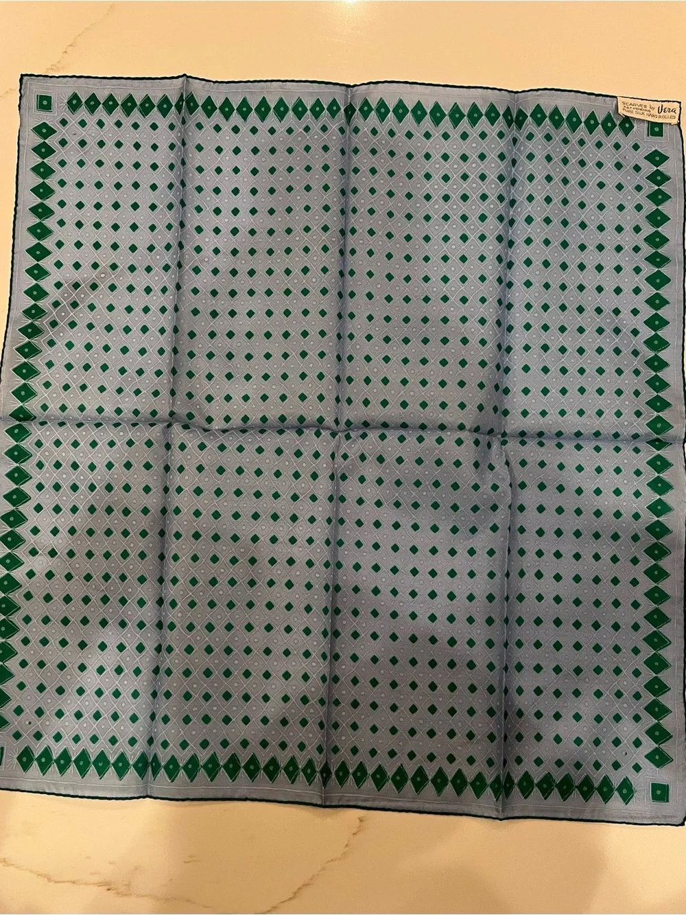 Vintage Vera blue and green pure silk hand rolled scarf